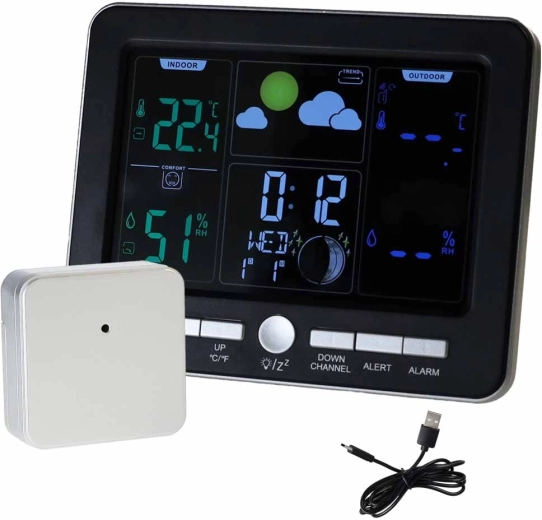 Stație meteo fără fir cu termometru, higrometru și ceas cu alarmă, USB