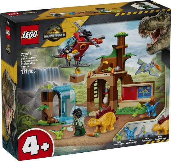 LEGO Jurassic World centru de salvare cu velociraptori, un stegozaur și un pteranodon