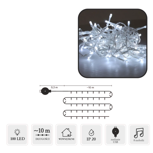 Șir luminos LED de Crăciun cu melodie USB, 100 LED-uri, alb rece, 10 m
