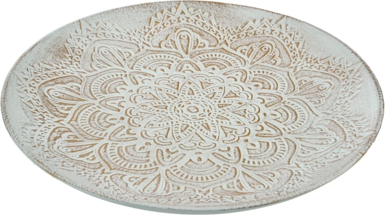 Tavă decorativă rotundă din lemn, albă cu detalii aurii, 40 cm