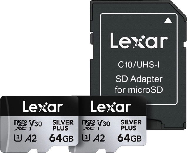 Set de 2× carduri microSDXC LEXAR Silver Plus 64 GB cu adaptor