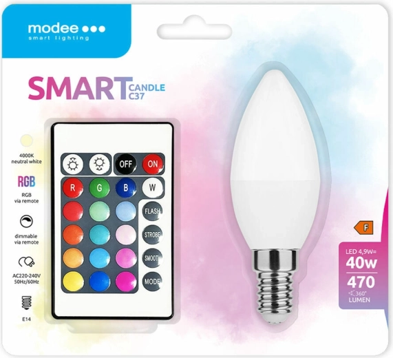 Bec LED inteligent Modee Candle C35 4,9 W E14 RGB+W 470 lm cu telecomandă