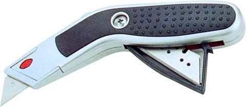 Cuțit metalic retractabil cu lamă trapezoidală și compartiment pentru lame de schimb