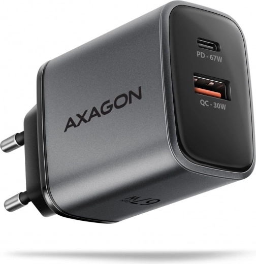 Încărcător de rețea AXAGON GaN 67W cu USB‑C Power Delivery și USB‑A Quick Charge, 2 porturi