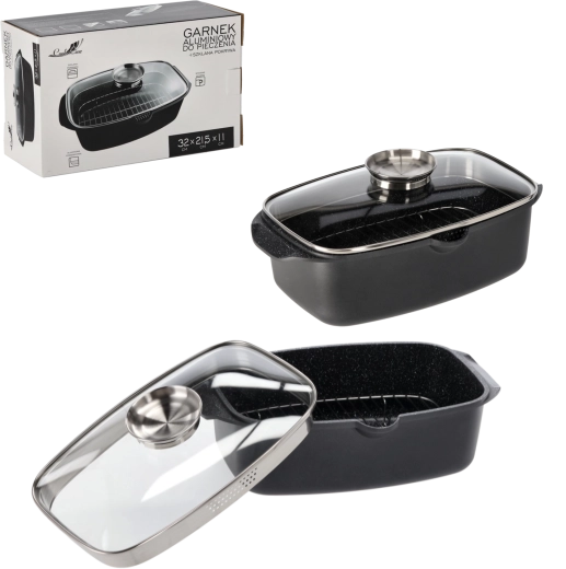 Tavă de copt din aluminiu 32 × 21,5 × 11 cm cu capac de sticlă