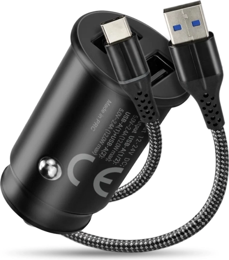 Încărcător auto everActive CC-25C cu 2× USB‑A 12 W + cablu USB‑C