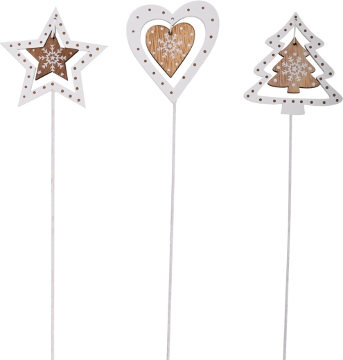 Decorațiune de Crăciun din lemn, pe băț, alb/bej 8 cm (3 variante)