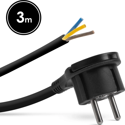 Cablu de alimentare montabil cu ștecher cu împământare și mâner, 3 m, negru