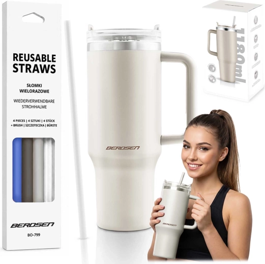 Cană termos cu vid Berdsen 1180 ml cu set de paie, crem