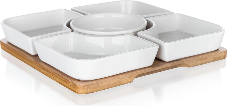 Set de servire din porțelan și bambus BRILLANTE, 6 piese