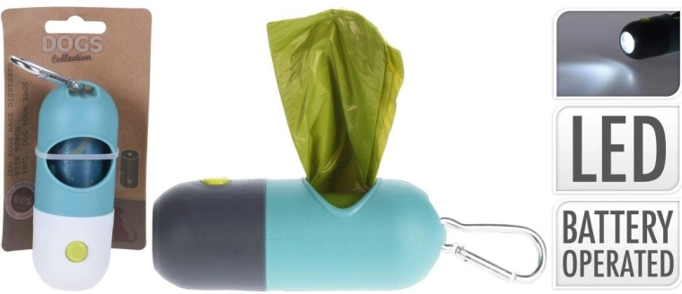 Dozator de pungi pentru câini cu lumină LED și carabină