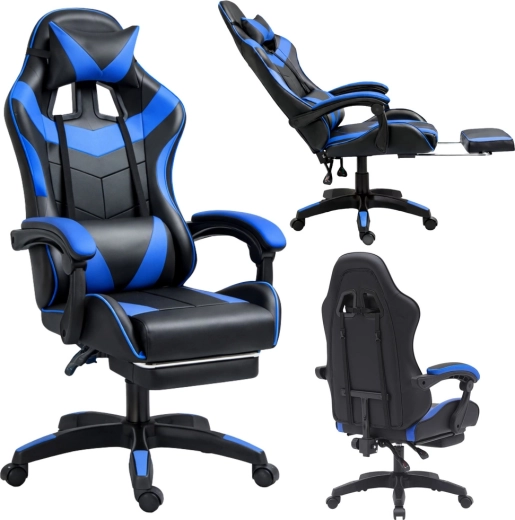 Scaun de birou pentru gaming LEAN cu suport pentru picioare, negru‑albastru