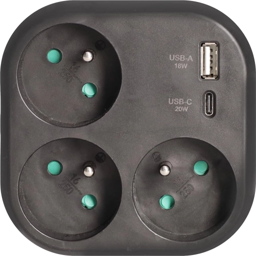 Solight adaptor triplu cu 3 prize și încărcător rapid USB-A/USB-C 20 W PD, negru