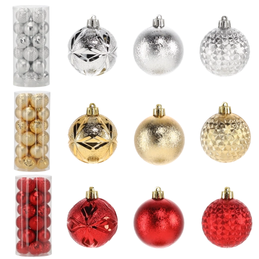 Set de 24 globuri de Crăciun, 6 cm – roșii, aurii și argintii, indestructibile