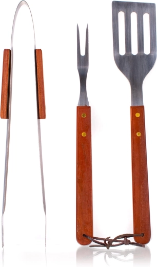 Set de ustensile pentru grătar din oțel inoxidabil cu mânere din lemn, 3 piese