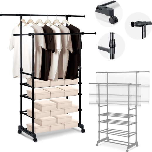 Cuier tip suport pentru haine Massido, negru, XXL cu înălțime reglabilă și rafturi