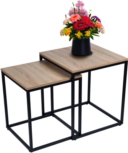 Set de măsuțe de cafea pătrate 2 în 1 în stil loft industrial, stejar deschis