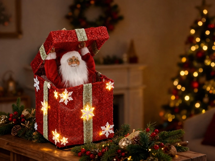 Decorațiune de Crăciun Moș Crăciun în cadou, cu iluminare LED, melodie și mișcare