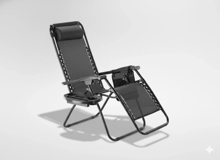 Șezlong pliabil de grădină cu tăviță, buzunar și perniță – negru