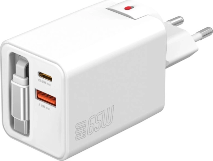 Încărcător de rețea GaN 65 W cu cablu retractabil, 2× USB‑C + USB‑A, alb