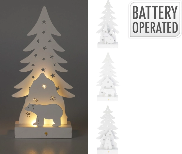 Decorațiune din lemn suspendată, copac cu urs polar și iluminare LED - 1 bucată