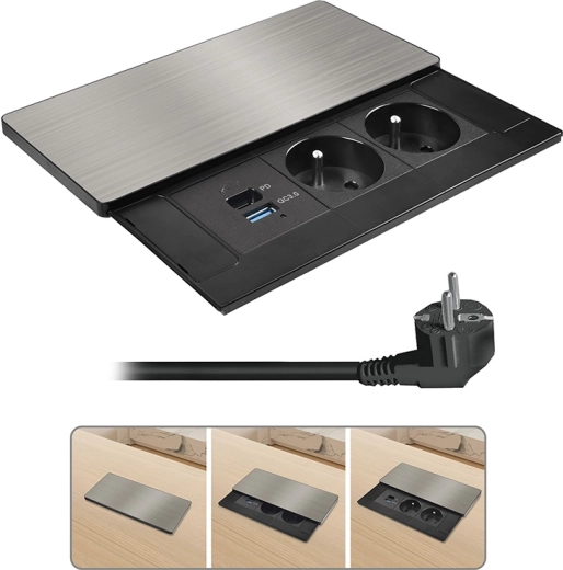 Solight bloc de prize încastrat cu capac glisant, 2× 230 V, USB-A + USB-C 20 W PD, 2 m, argintiu