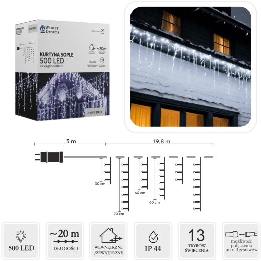 Perdea luminoasă LED cu țurțuri, 500 LED-uri, alb rece, 20 m