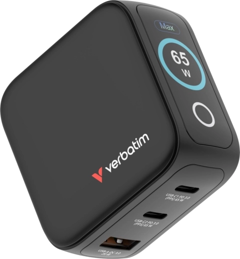 Încărcător mini GaN Verbatim 65 W cu afișaj TFT, 2× USB‑C și 1× USB‑A, EU/UK/USA