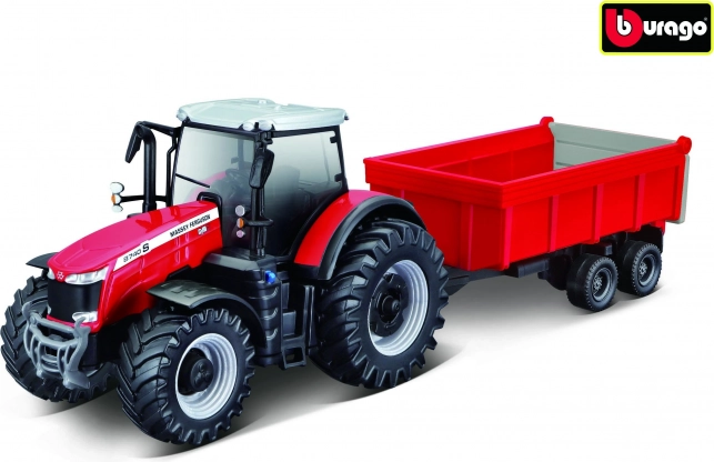 Tractor metalic Massey Ferguson cu remorcă, scară 1:50