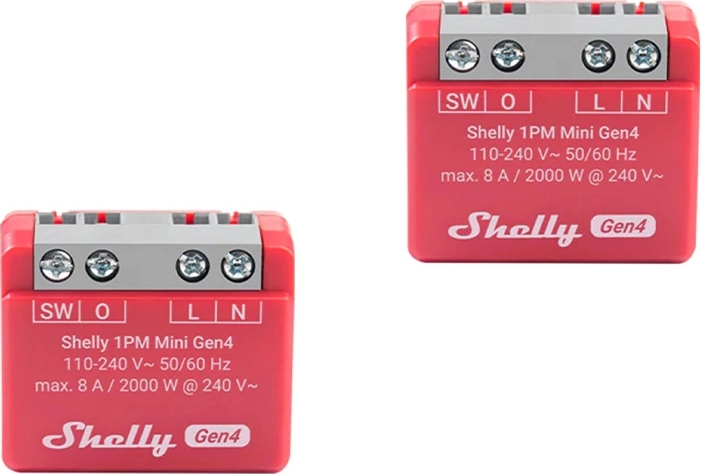 Shelly 1PM Mini Gen4 – set de 2 bucăți relee inteligente cu măsurarea consumului (Wi‑Fi/Zigbee/Bluetooth, Matter)