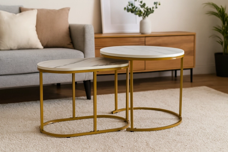 Set de două măsuțe de cafea efect marmură, rotundă și ovală, structură metalică aurie