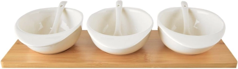 Boluri din porțelan cu lingurițe pe tavă din bambus WHITELINE, set 7 piese, 32 cm