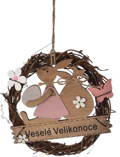 Coroană decorativă de Paște din nuiele și lemn „Paște fericit” 15 cm