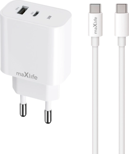 Încărcător rapid Maxlife 30 W cu USB‑C și USB + cablu USB‑C – Lightning
