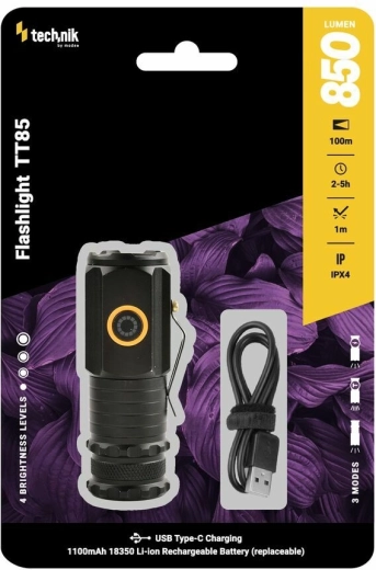 Lanternă de buzunar Technik TT85, 850 lm, 3× LED P35, USB‑C, bază magnetică