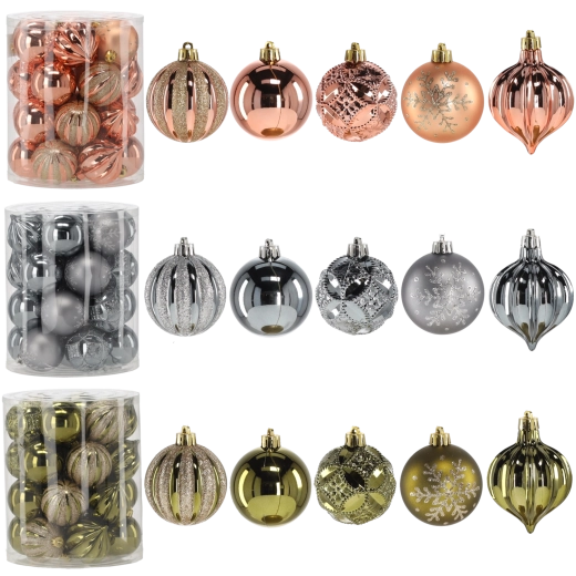 Set de globuri de Crăciun 6 cm – oliv, cupru și grafit, 26 buc.