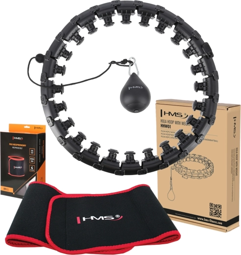 Set cerc hula hoop de masaj cu greutate HMS HHW01 și brâu subțire HMS BR163, negru