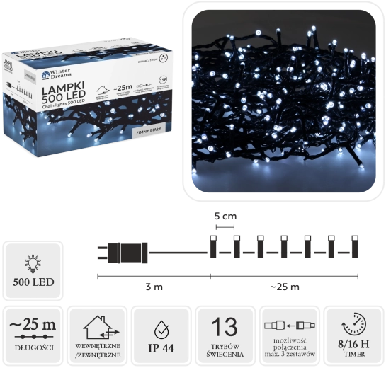 Ghirlandă luminoasă LED cu 500 de diode, alb rece, 25 m