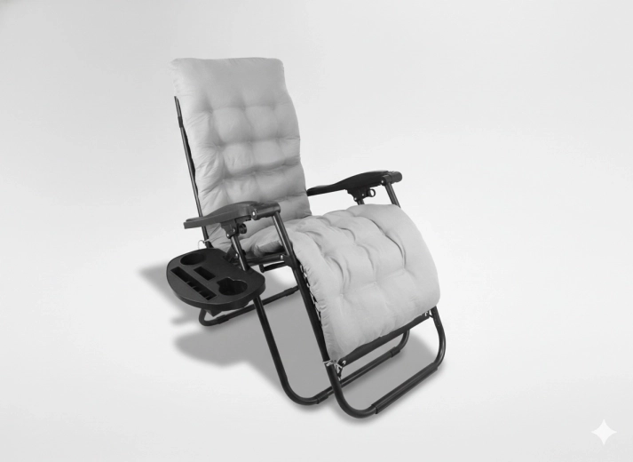 Șezlong de grădină pliabil cu pernă și măsuță laterală, negru cu pernă gri