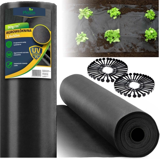 Textil nețesut pentru grădină 1,6 × 50 m 90 g/m² + 100 țăruși de ancorare PLONOS – negru