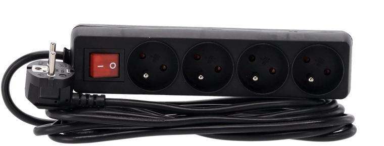 Prelungitor cu protecție la supratensiune cu întrerupător, 4 prize, 3 m, negru