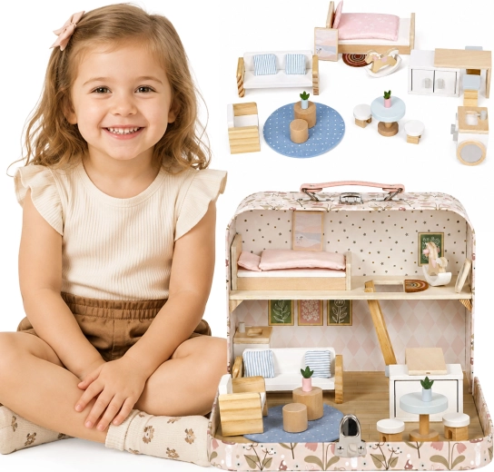 Căsuță din lemn pentru păpuși Ecotoys în valiză – pe două etaje, cu mobilier și 20 de accesorii