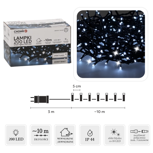 Șir luminos LED 200 LED alb rece cu clipire, 10 m, interior și exterior