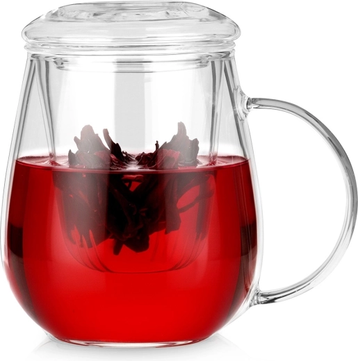 Cană de sticlă cu sită și capac 530 ml
