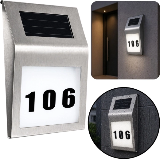 Lampă LED solară cu număr de casă iluminat, din oțel inoxidabil