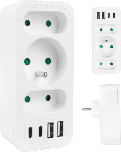 Distribuitor de rețea MACLEAN cu 1x Schuko, 2x Euro și 2x USB-A + 2x USB-C, alb