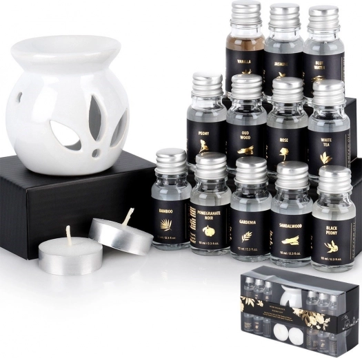 Set cadou de aromaterapie cu lampă aromatică din ceramică și 12 uleiuri parfumate