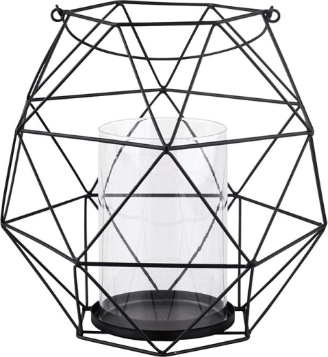 Sfeșnic metalic negru cu mâner și inserție din sticlă, în design geometric, 22 × 22 × 22 cm