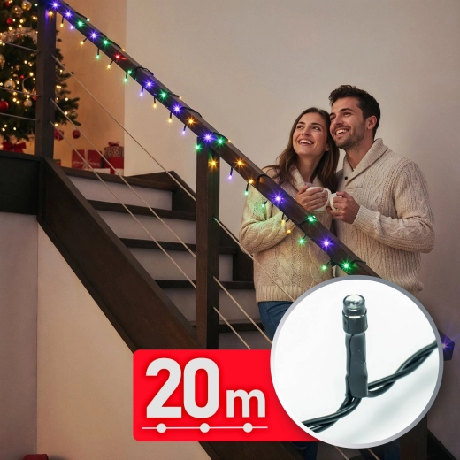 Instalație luminoasă LED multicoloră de 20 m, 400 LED-uri cu cablu verde