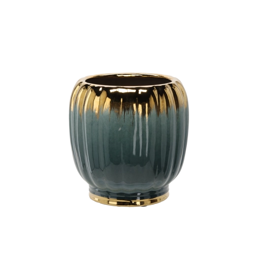 Ghiveci ceramic pentru flori 28 × 28 × 28,5 cm verde sticlă cu auriu